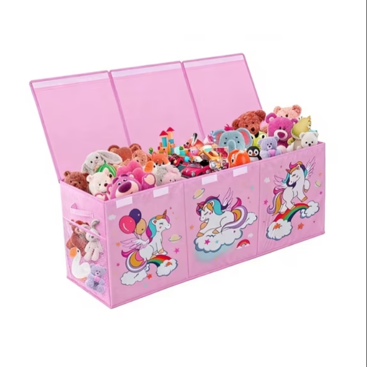 Extra Large Toy Box with Mesh Pocket and Handles, Collapsible Storage Chest for Girls